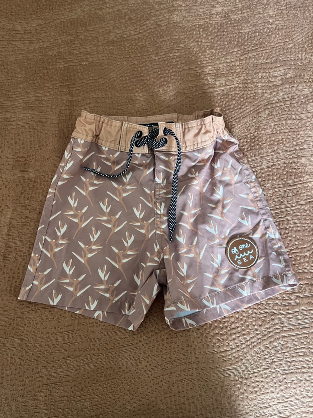 Kids Brown Floral Swim Trunks with Drawstring